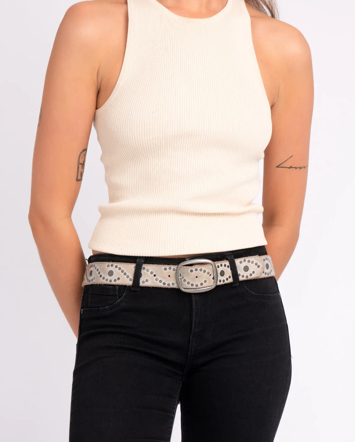 Irena | Women's Studded Leather Belt | Antique Silver Studs