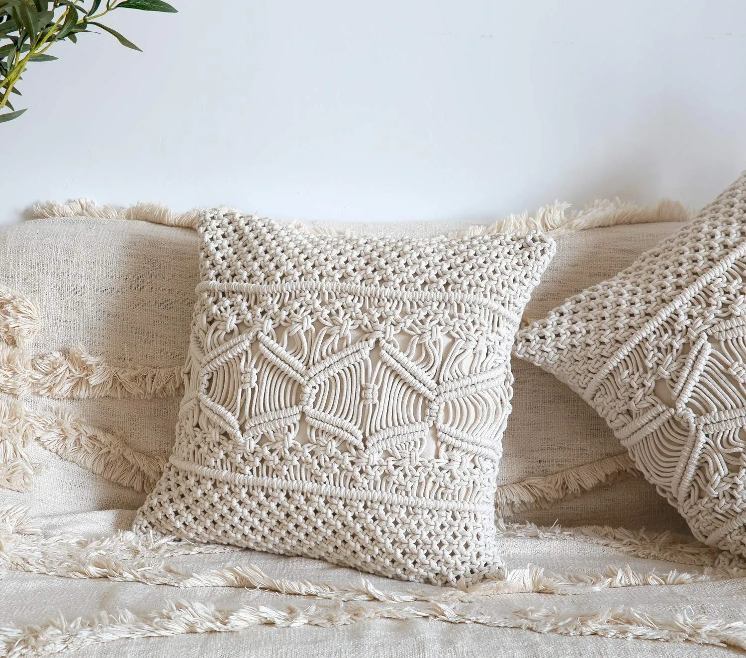 Kaahira Boho Macrame Decorative Cushion Cover 16x16 | Comfy Throw Pillow Cases for Sofa Couch Bed Living Room (Off-White)