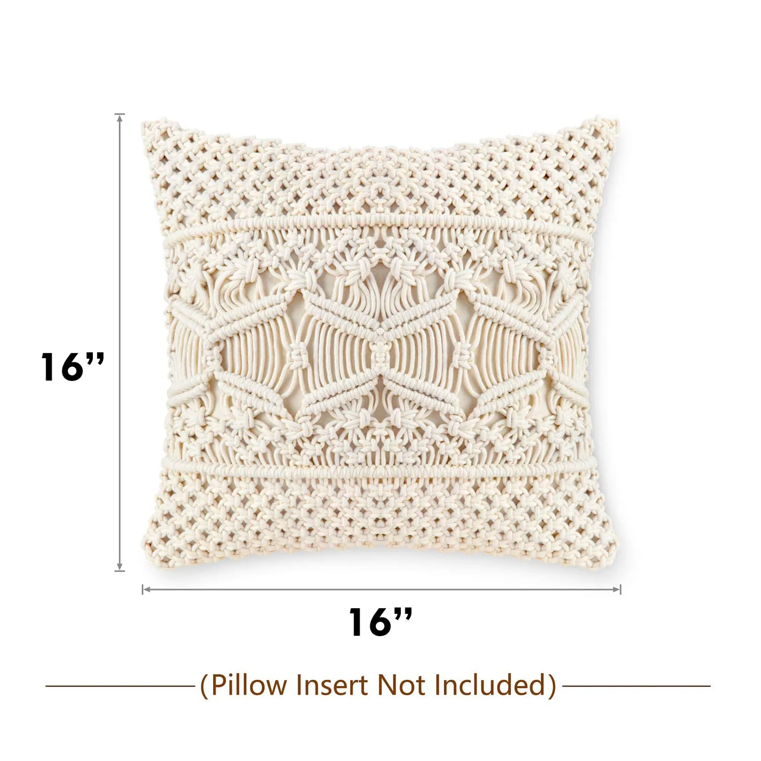 Kaahira Boho Macrame Decorative Cushion Cover 16x16 | Comfy Throw Pillow Cases for Sofa Couch Bed Living Room (Off-White)