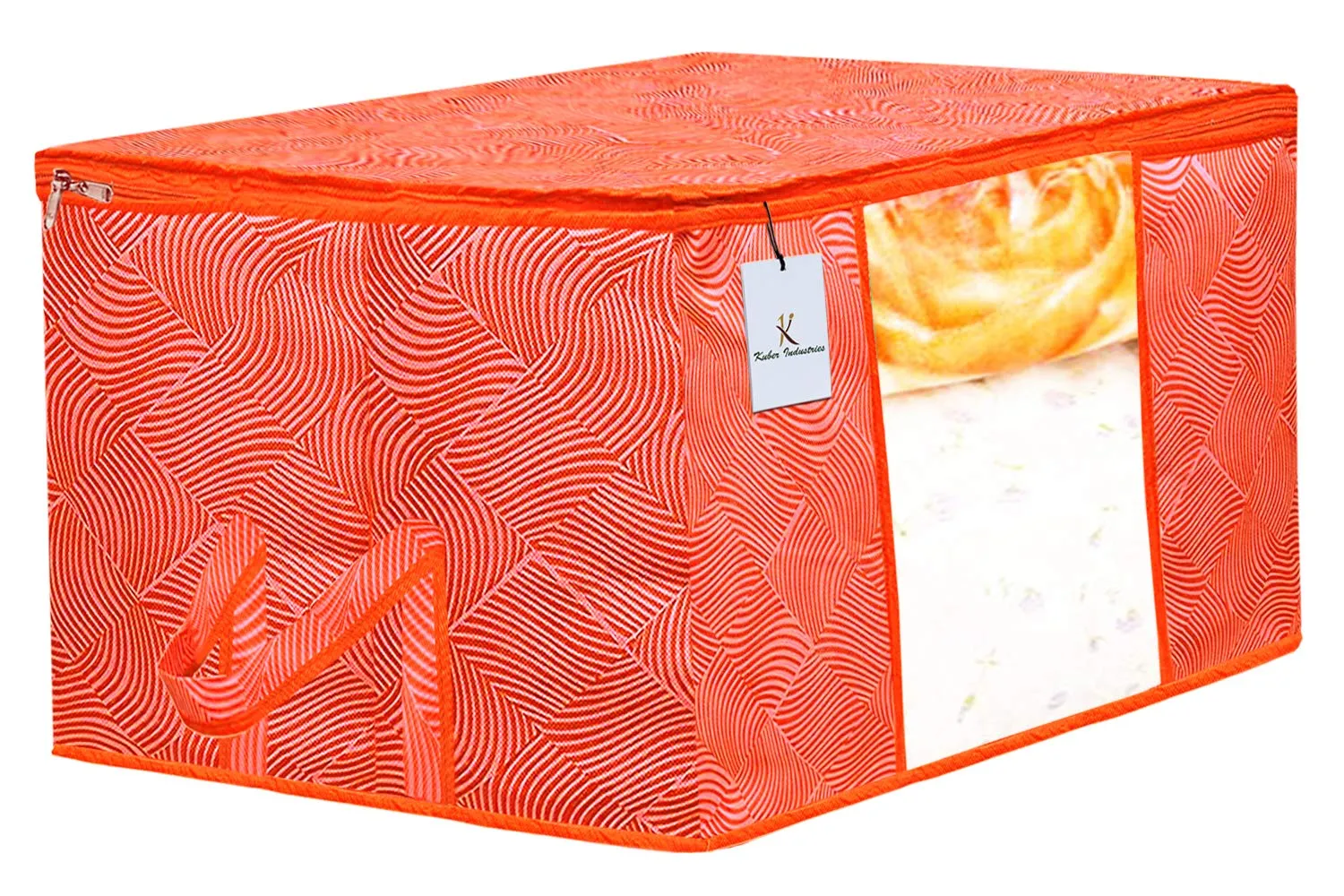 Kuber Industries Laheriya Design Non Woven Underbed Bag|Storage Organiser|Blanket Cover with Transparent Window|Storage Bag For Clothes Large|Pack of 2 (Orange)