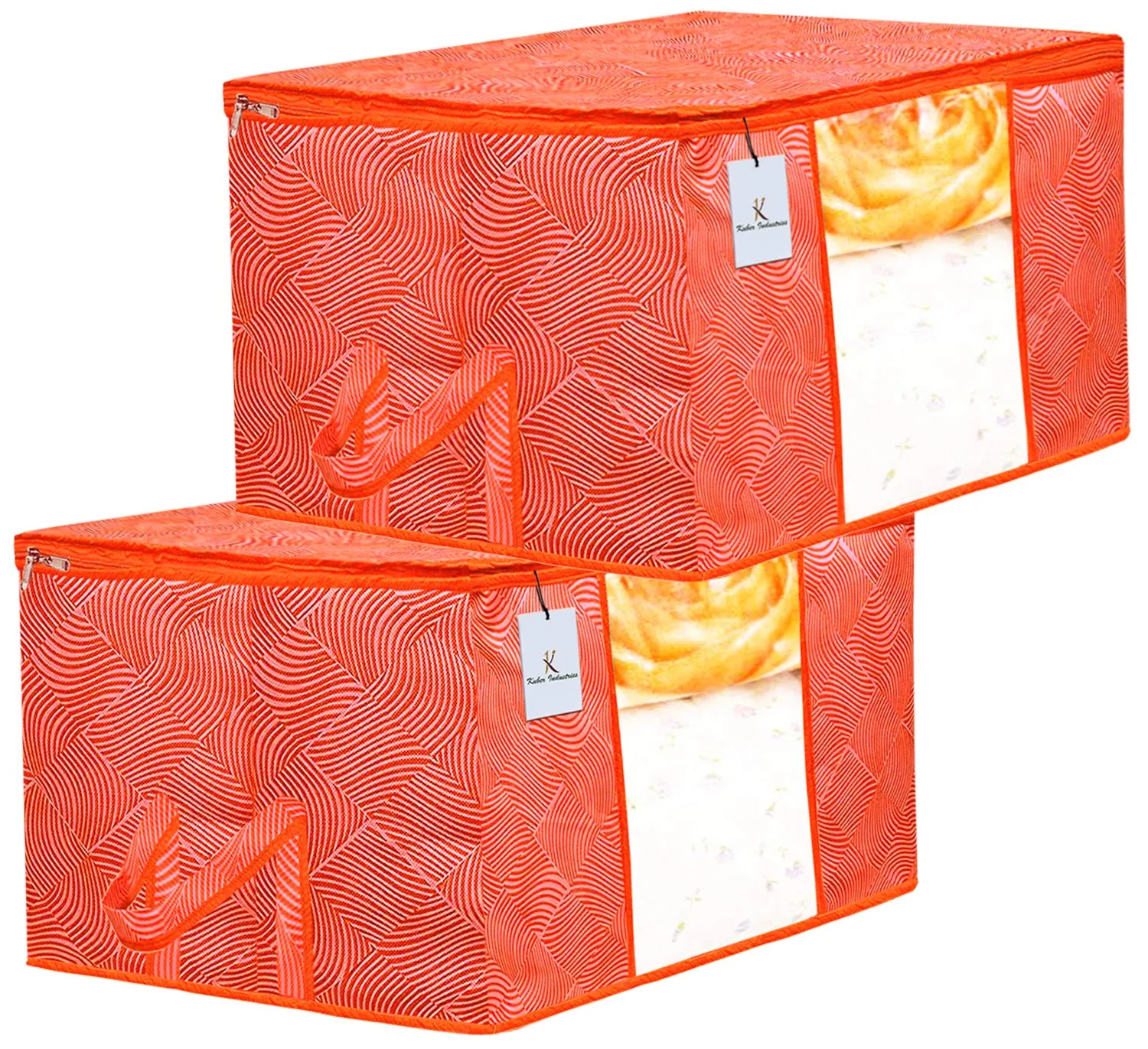 Kuber Industries Laheriya Design Non Woven Underbed Bag|Storage Organiser|Blanket Cover with Transparent Window|Storage Bag For Clothes Large|Pack of 2 (Orange)