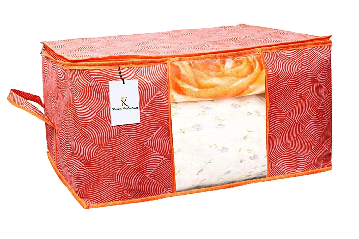 Kuber Industries Laheriya Design Non Woven Underbed Bag|Storage Organiser|Blanket Cover with Transparent Window|Storage Bag For Clothes Large|Pack of 2 (Orange)