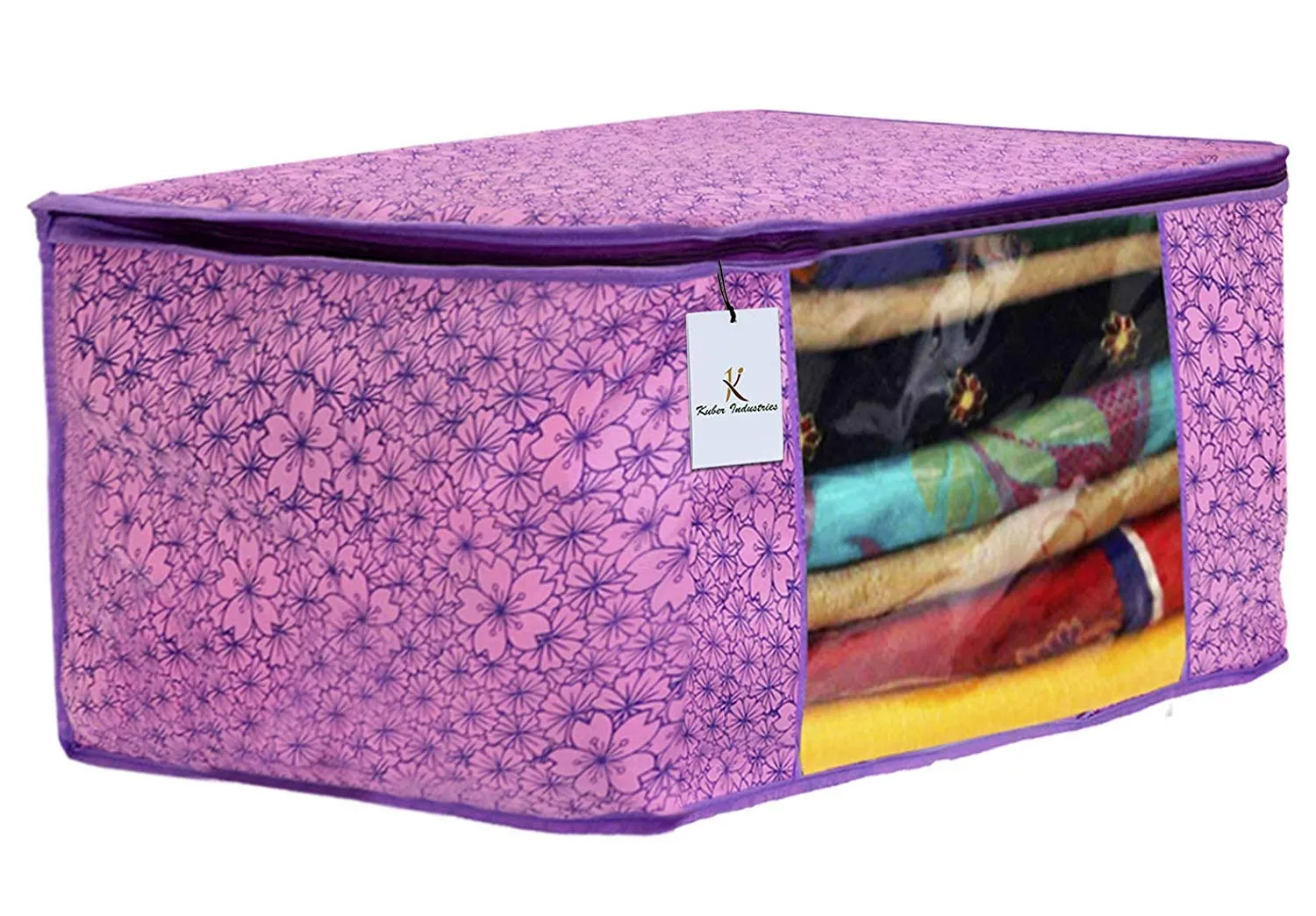 Kuber Industries Metallic Printed Non Woven 6 Pieces Saree Cover and 3 Pieces Underbed Storage Bag, Cloth Organizer for Storage, Blanket Cover Combo Set (Pink & Purple) -CTKTC038580