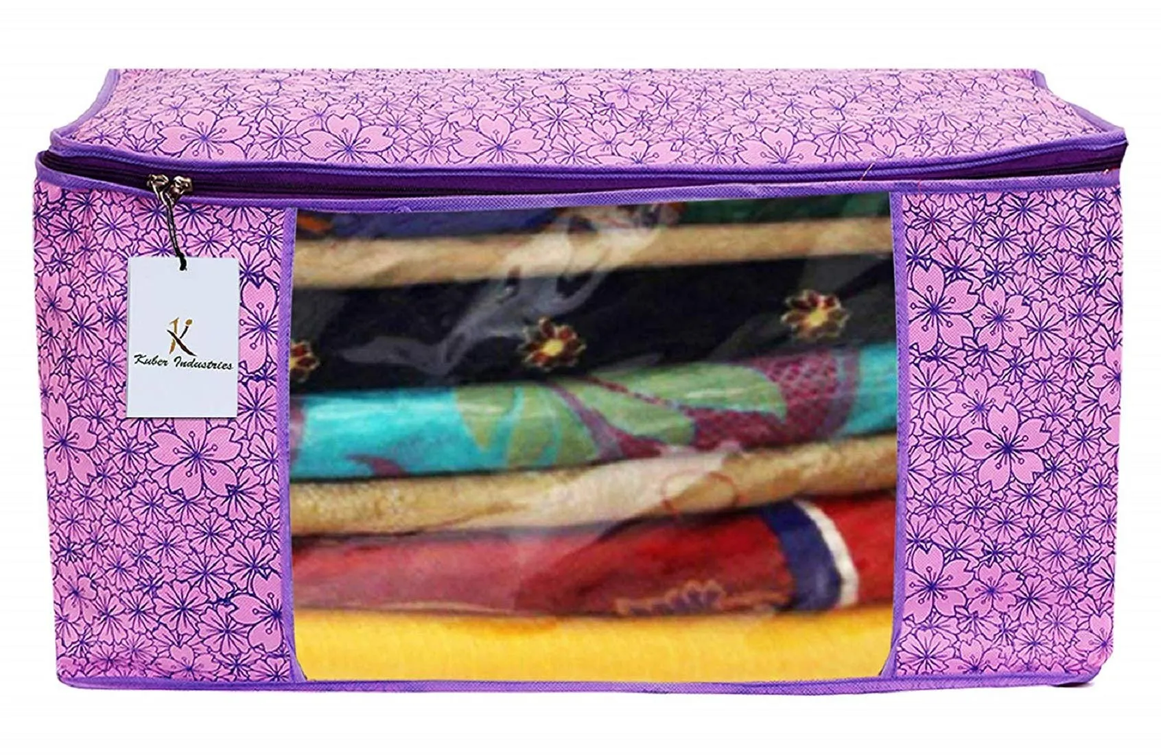 Kuber Industries Metallic Printed Non Woven 6 Pieces Saree Cover and 3 Pieces Underbed Storage Bag, Cloth Organizer for Storage, Blanket Cover Combo Set (Pink & Purple) -CTKTC038580