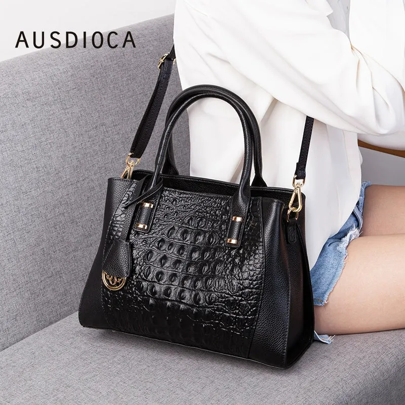 Leather Crocodile Embossed Satchel Bag