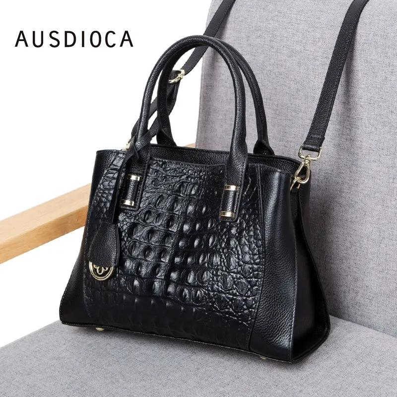 Leather Crocodile Embossed Satchel Bag