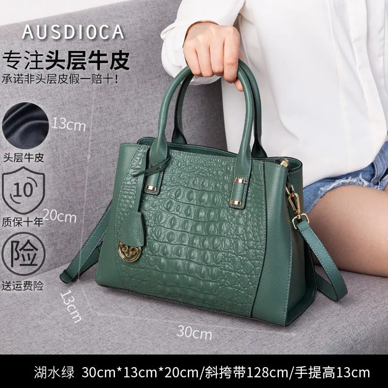 Leather Crocodile Embossed Satchel Bag