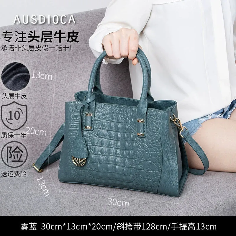 Leather Crocodile Embossed Satchel Bag