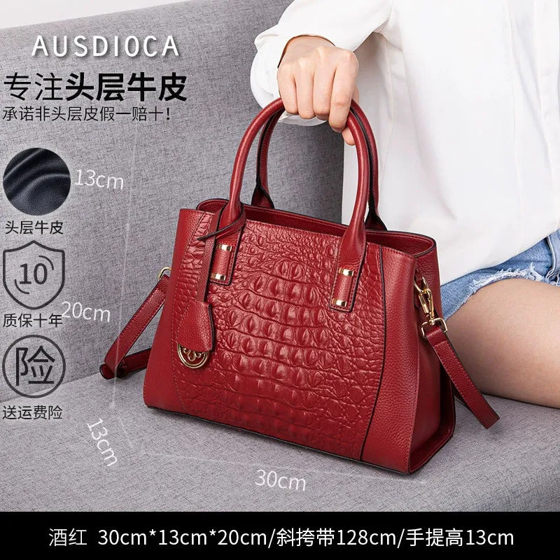 Leather Crocodile Embossed Satchel Bag