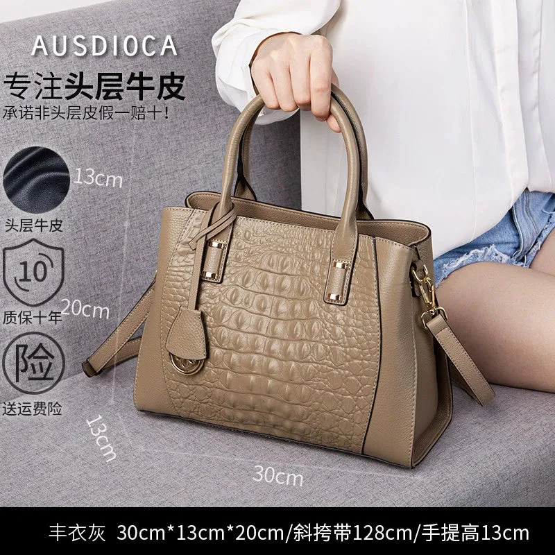 Leather Crocodile Embossed Satchel Bag