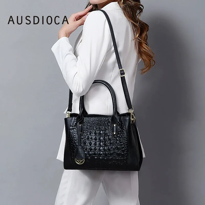 Leather Crocodile Embossed Satchel Bag