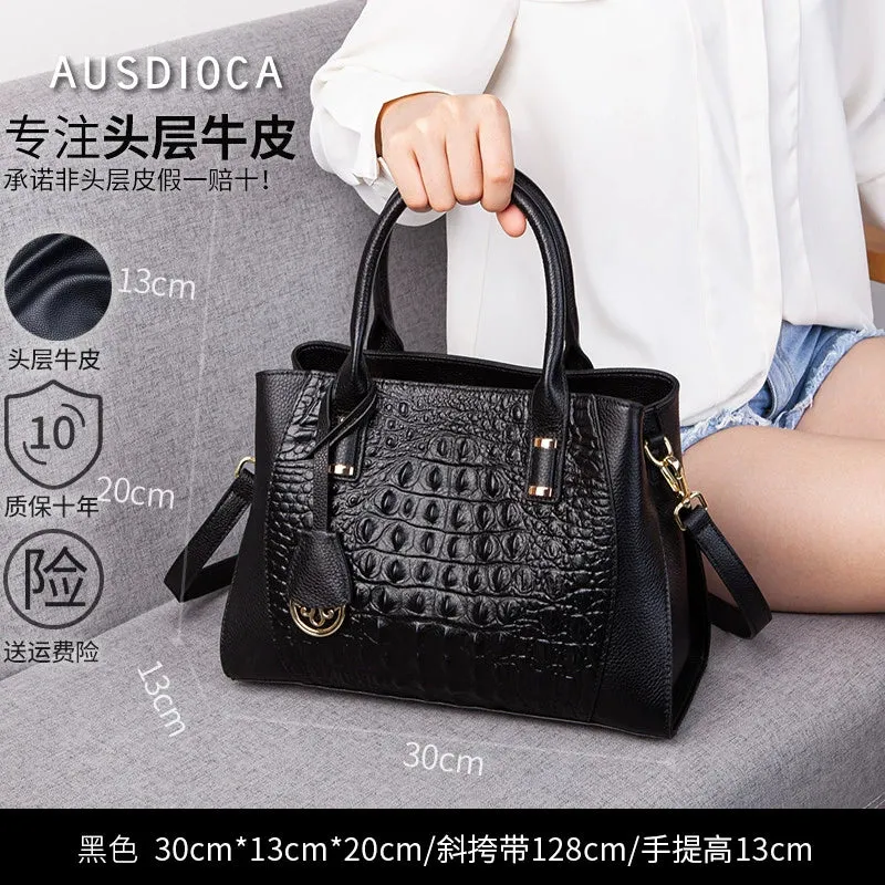 Leather Crocodile Embossed Satchel Bag