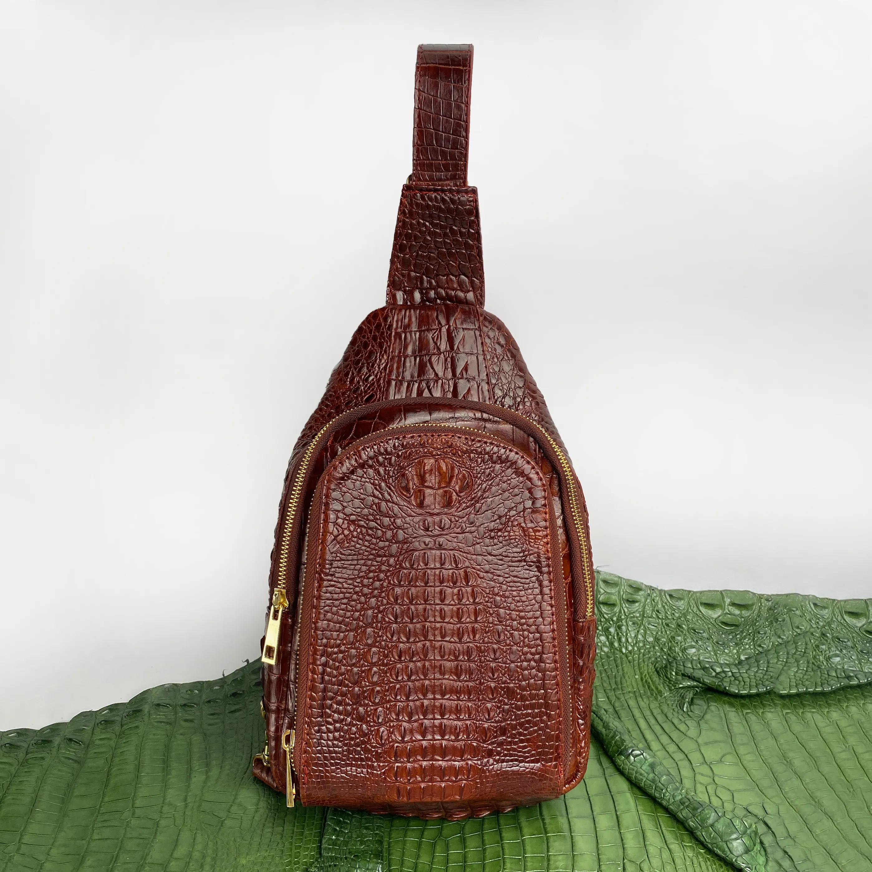 Light Brown Alligator Crossbody Sling Bag | Handmade Men's Crocodile Shoulder Bag | BACKPACK66