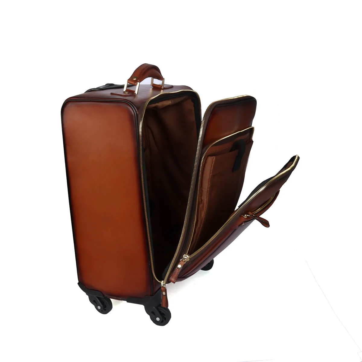 Luxury Tan Leather Spinner Luggage with Expandable Compartment Strolley Bag with Telescopic Handle by Brune & Bareskin