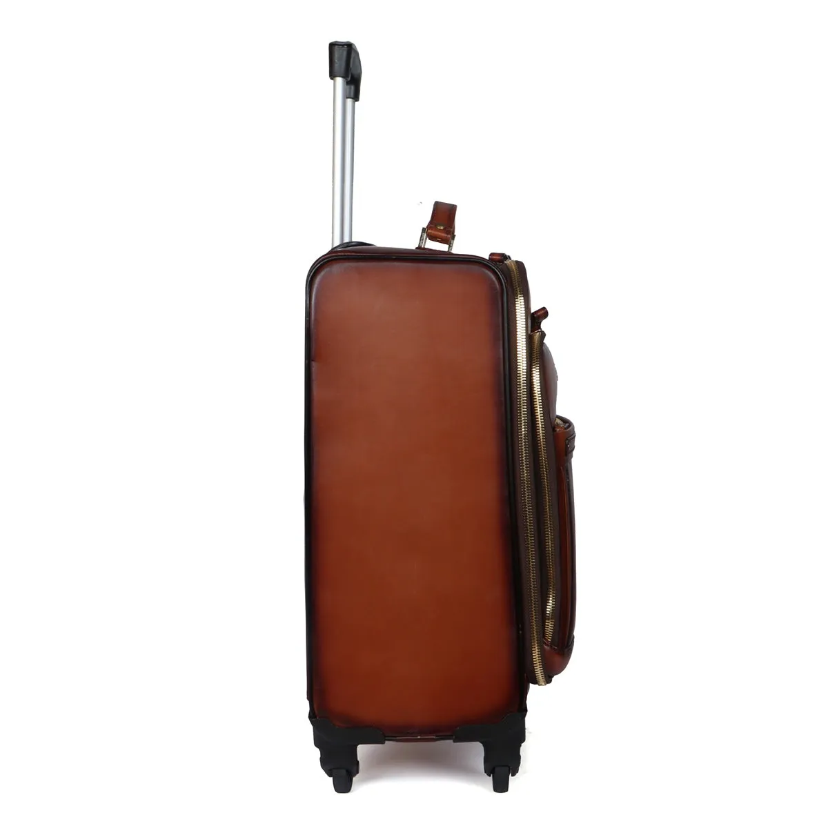 Luxury Tan Leather Spinner Luggage with Expandable Compartment Strolley Bag with Telescopic Handle by Brune & Bareskin