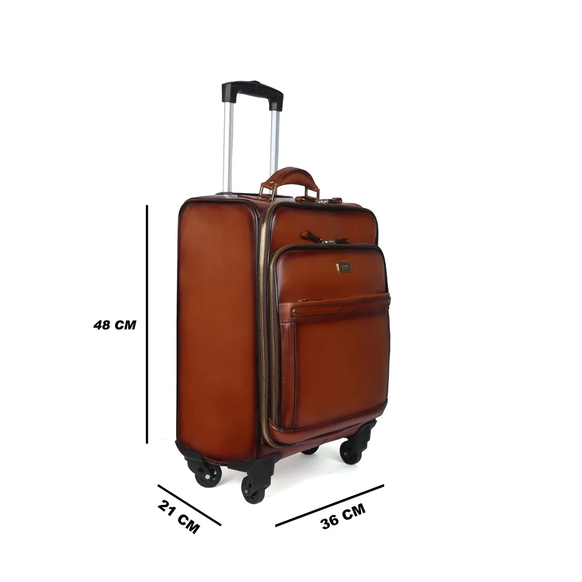 Luxury Tan Leather Spinner Luggage with Expandable Compartment Strolley Bag with Telescopic Handle by Brune & Bareskin