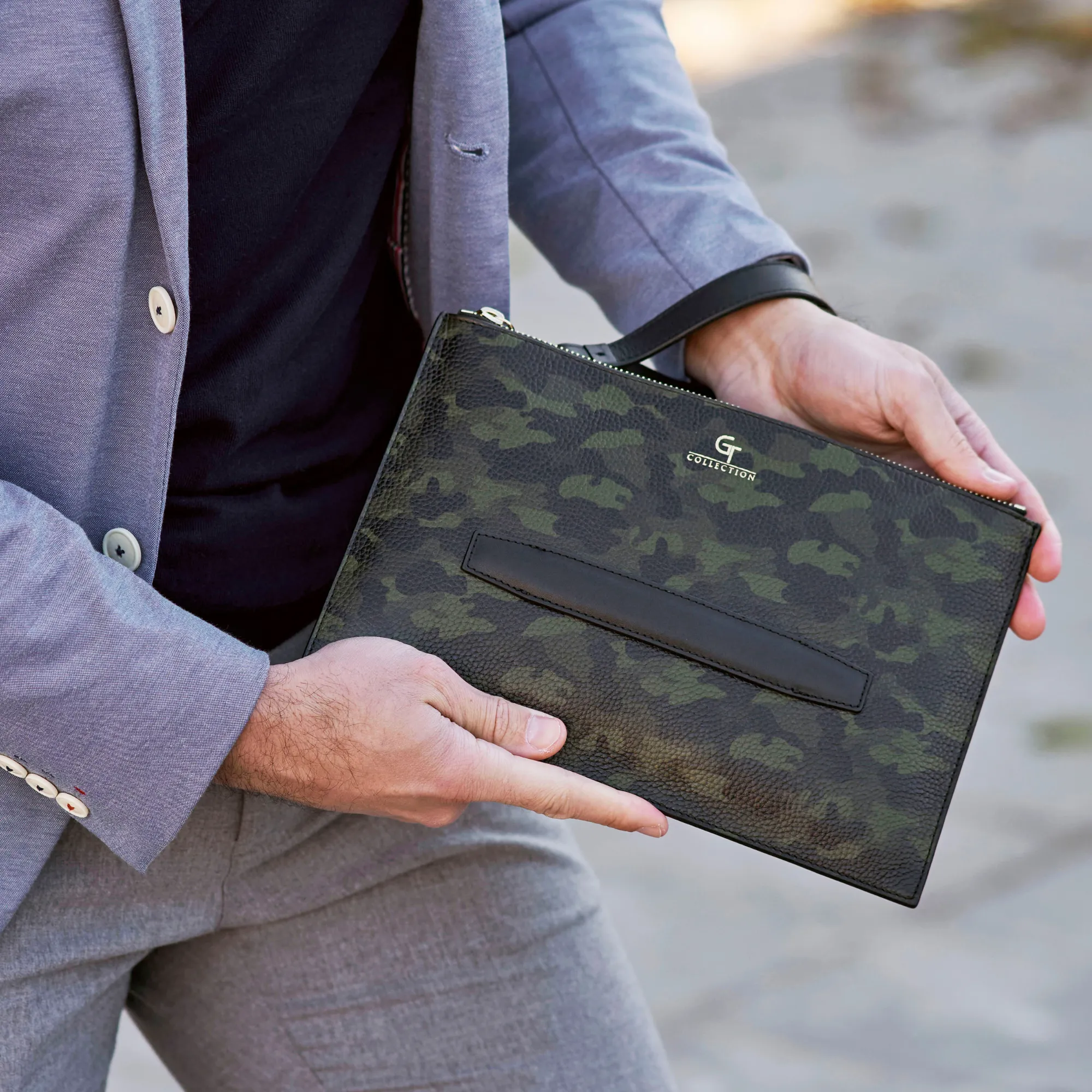 Men's Leather Hand Bag - Green Camouflage with golden details