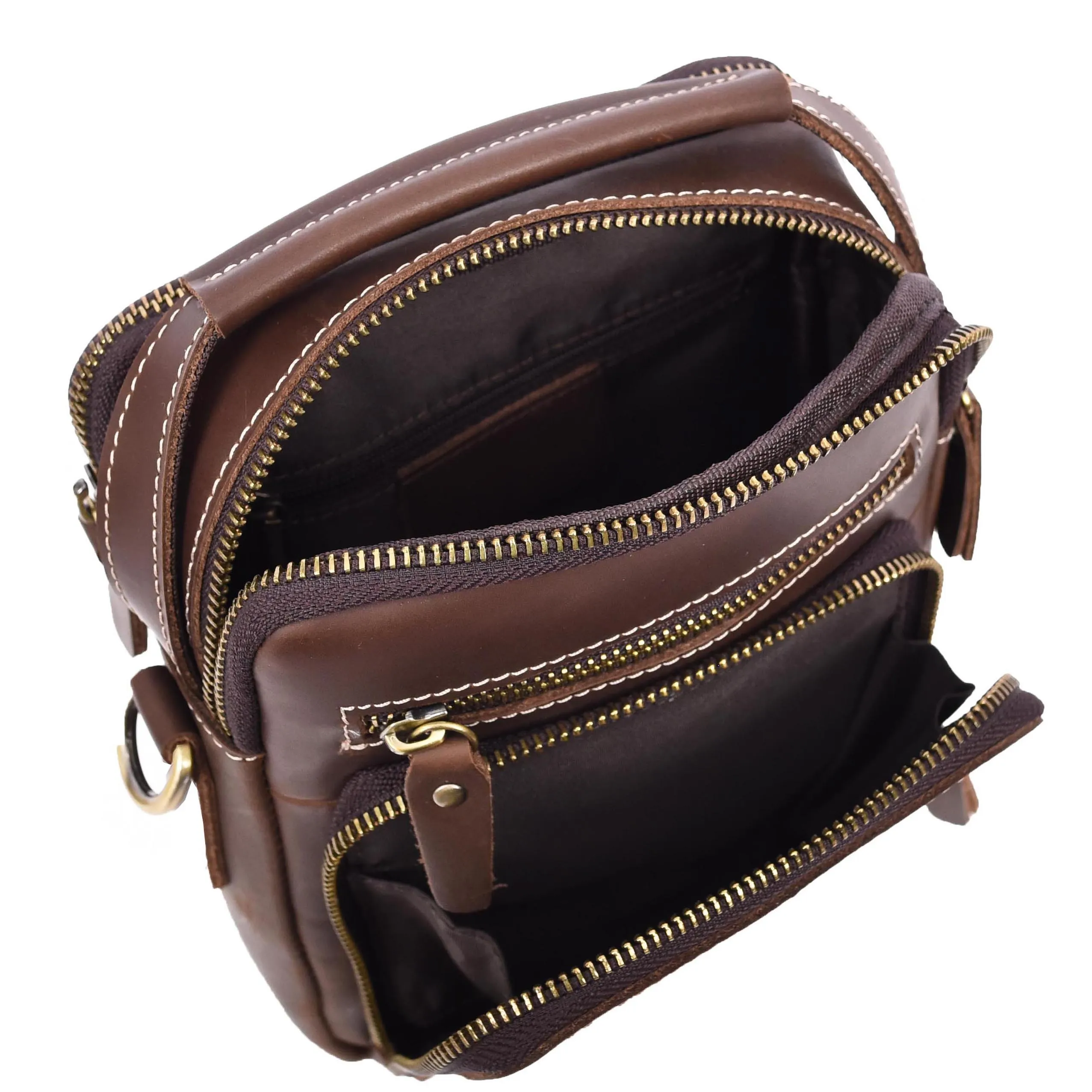 Mens Real Leather Cross Body Bag Small Organiser Travel Pouch Jett Brown Hunter