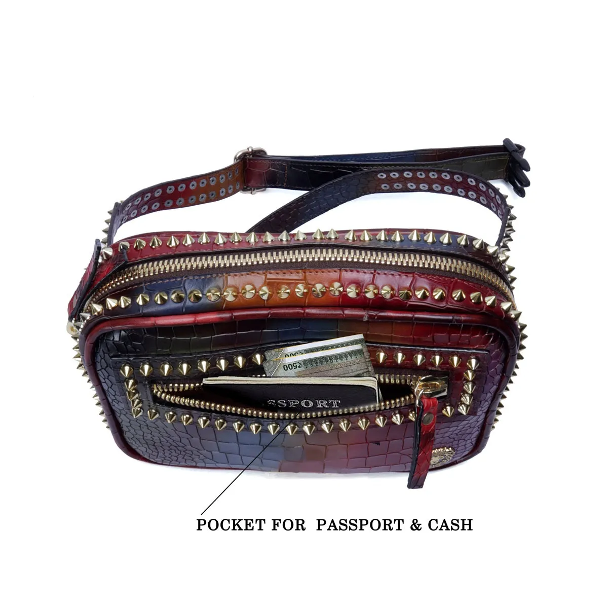 Multi-Color Studded Fanny Pack in Croco Textured Leather