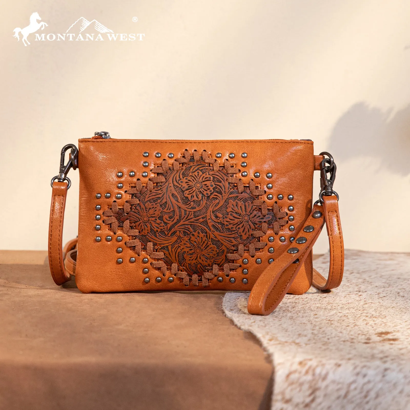 MW1299-181 Montana West Floral Tooled Wristlet Clutch/Crossbody Bag