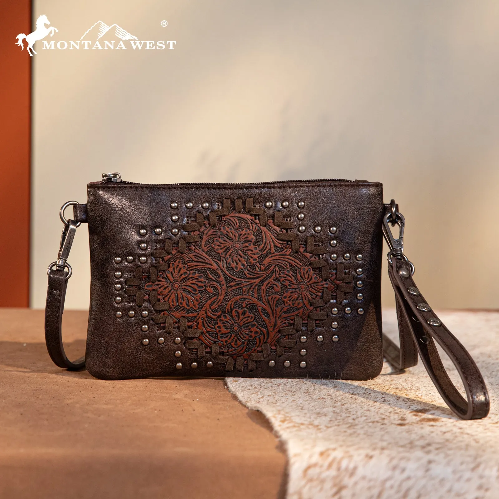 MW1299-181 Montana West Floral Tooled Wristlet Clutch/Crossbody Bag