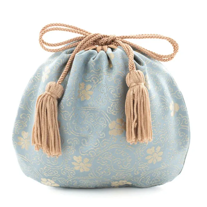 Nishijin-ori Small Drawstring Bag - Chrysanthemum and Peony Flowers / Blue -,  Made in Kyoto, Japan,  Japanese traditional craft purse