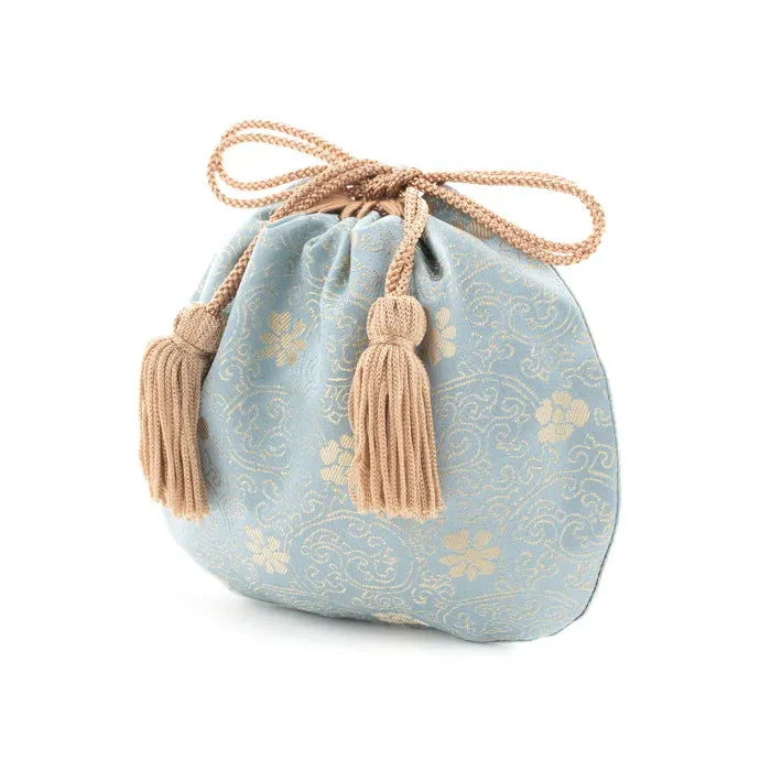 Nishijin-ori Small Drawstring Bag - Chrysanthemum and Peony Flowers / Blue -,  Made in Kyoto, Japan,  Japanese traditional craft purse