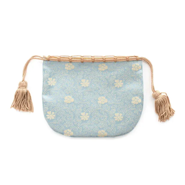 Nishijin-ori Small Drawstring Bag - Chrysanthemum and Peony Flowers / Blue -,  Made in Kyoto, Japan,  Japanese traditional craft purse