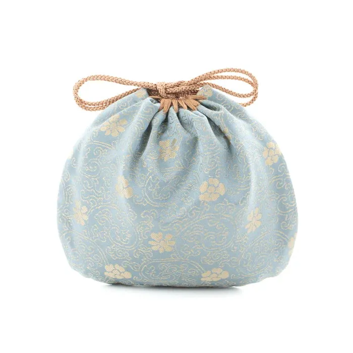 Nishijin-ori Small Drawstring Bag - Chrysanthemum and Peony Flowers / Blue -,  Made in Kyoto, Japan,  Japanese traditional craft purse