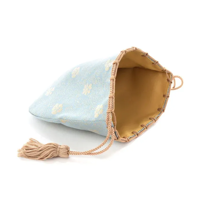 Nishijin-ori Small Drawstring Bag - Chrysanthemum and Peony Flowers / Blue -,  Made in Kyoto, Japan,  Japanese traditional craft purse