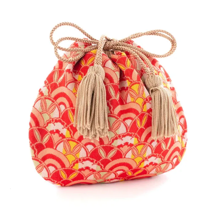 Nishijin-ori Small Drawstring Bag - Rabbit / Red -,  Made in Kyoto, Japan,  Japanese traditional craft purse