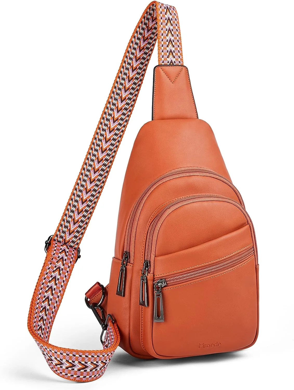 Orange Leather Front Zipper Crossbody Travel Sling Bag