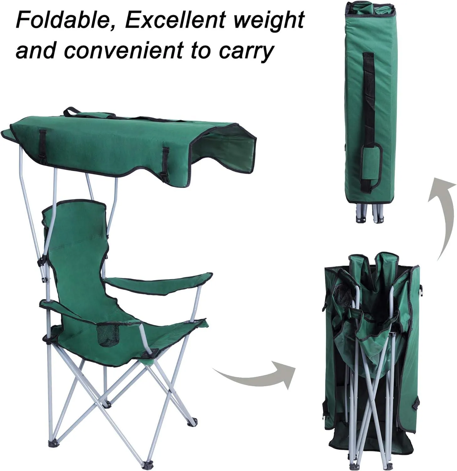 Portable Camping Chairs with Shade Canopy Cup Holder Carry Bag Folding Beach Chairs, Green