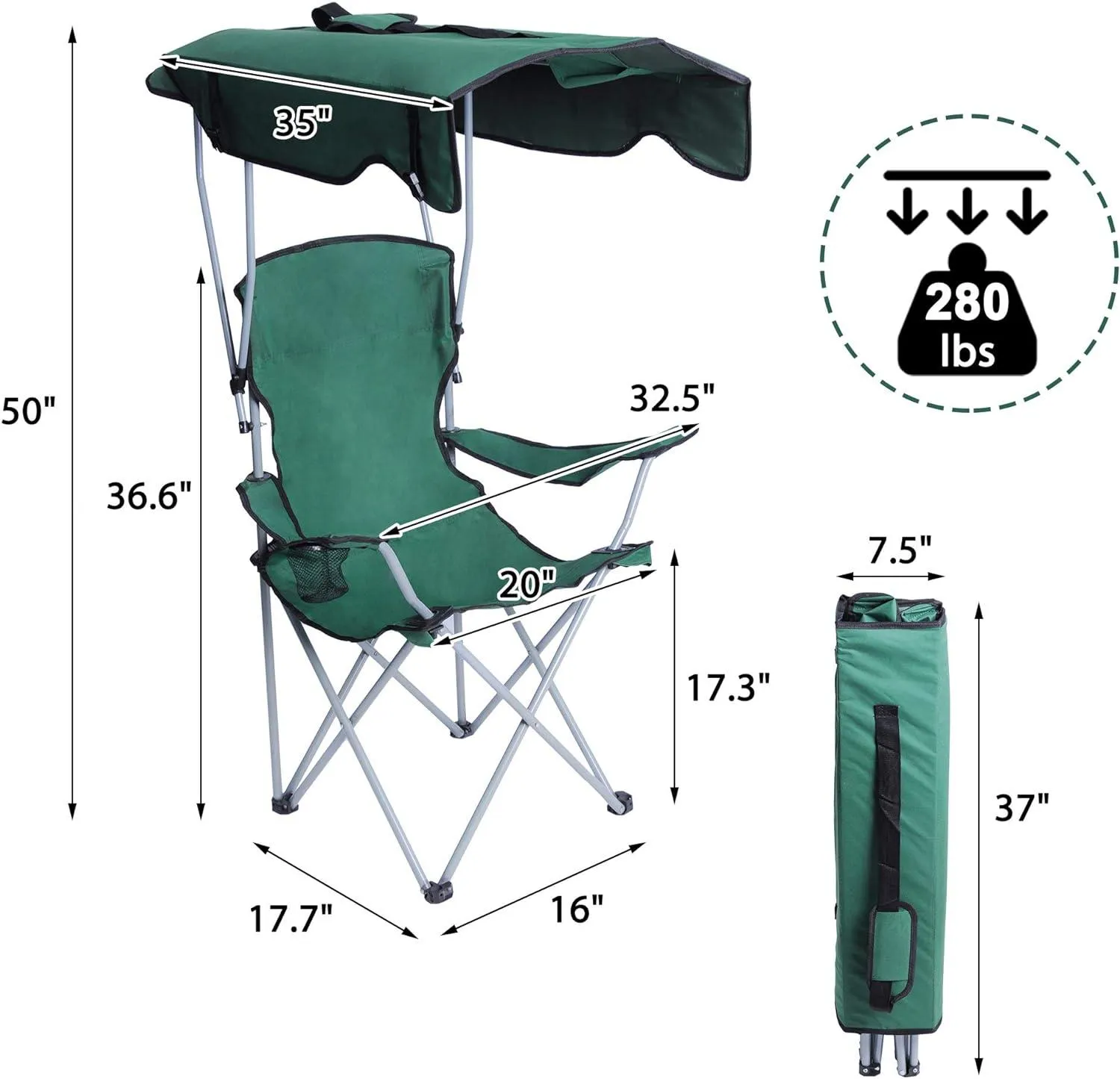 Portable Camping Chairs with Shade Canopy Cup Holder Carry Bag Folding Beach Chairs, Green