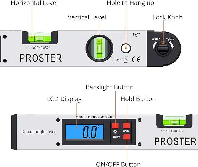 Proster Angle Finder 0-225°, Digital Protractor with Battery and Pouch 400mm/16 inch Angle Ruler