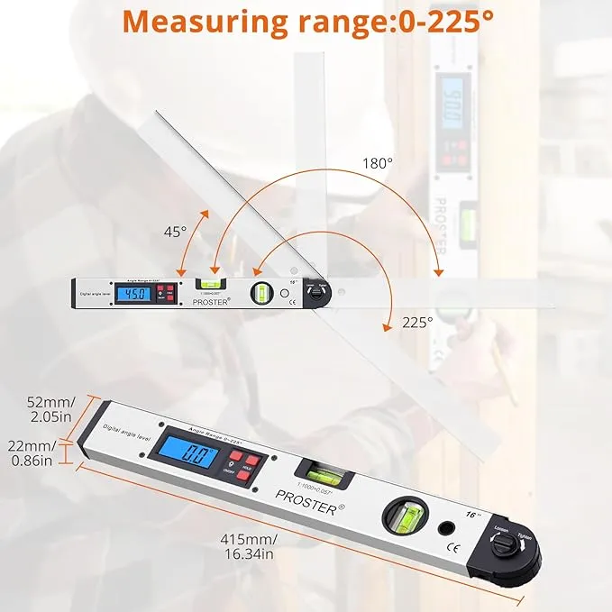 Proster Angle Finder 0-225°, Digital Protractor with Battery and Pouch 400mm/16 inch Angle Ruler