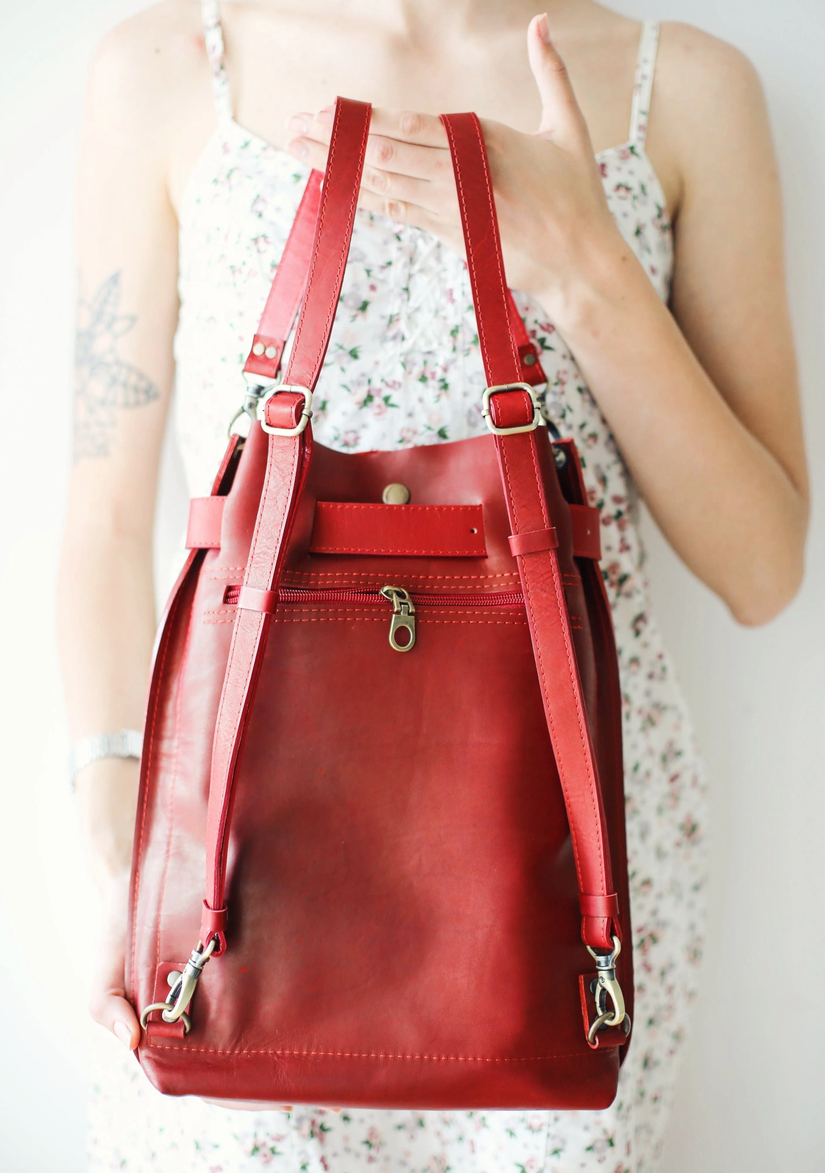 Red Large Leather Backpack Purse