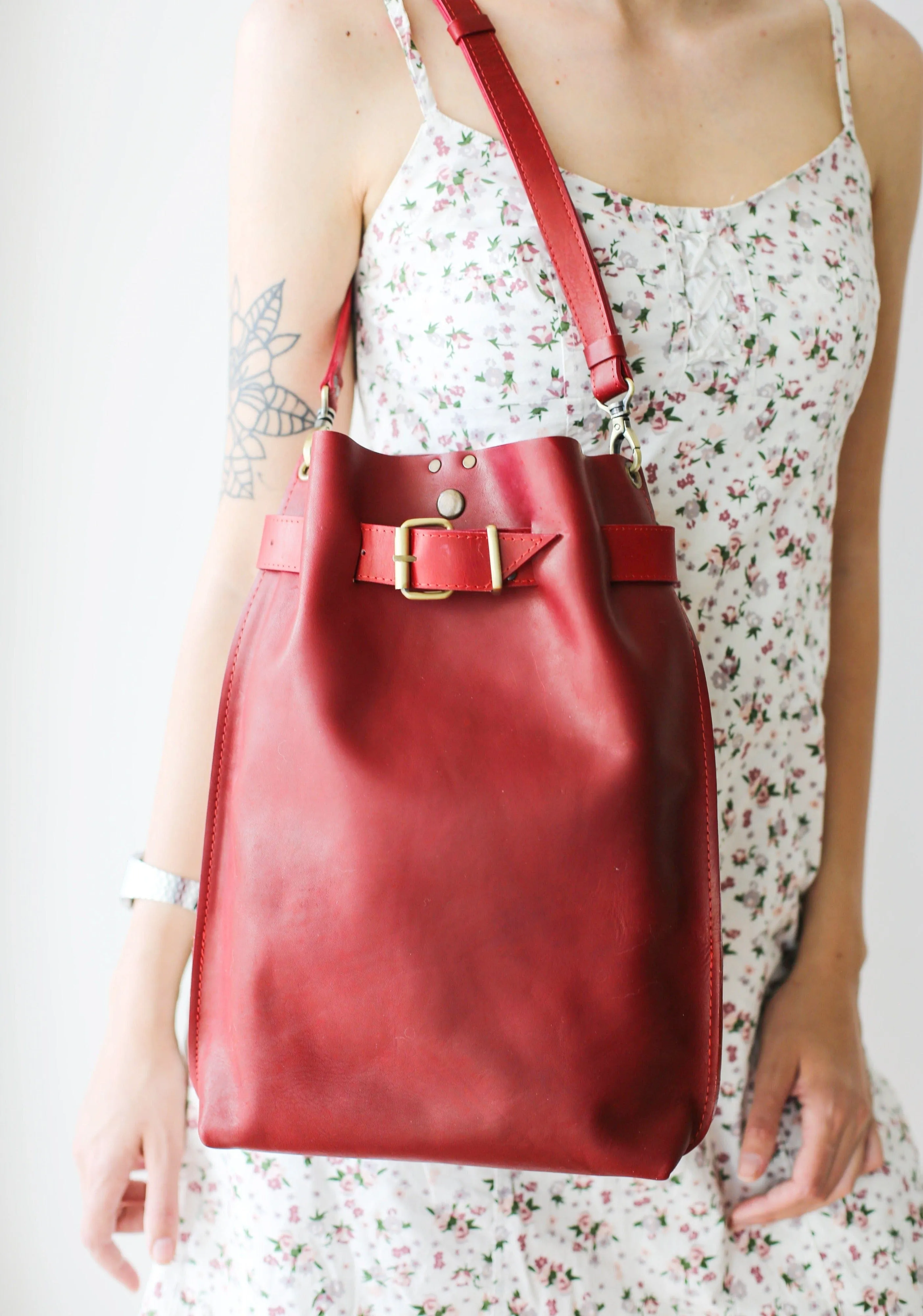 Red Large Leather Backpack Purse