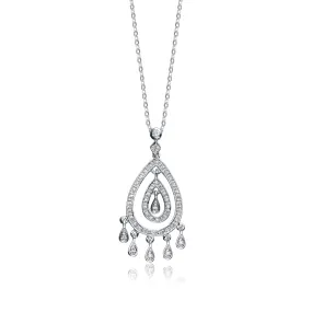 Sterling Silver White Gold Plated with Clear Cubic Zirconia Droplet Pendant Necklace