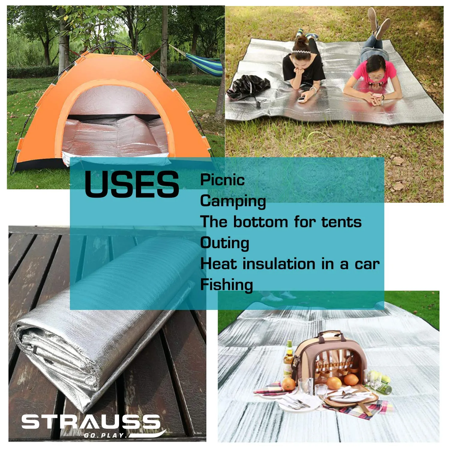 Strauss Camping Tent Mat | Double-Sided Moisture-Proof Aluminum Foil Foam Pad | Waterproof and Insulating Foil Mat | Picnic Mat | Camping Mat for Beach, Tent and Camping,(4 Person)