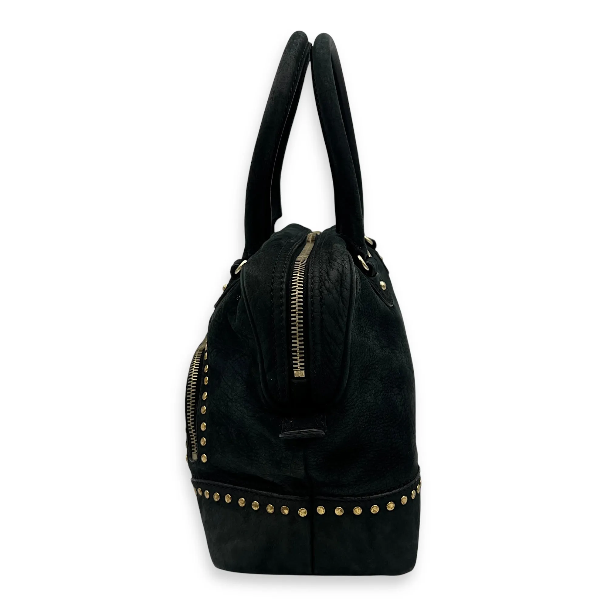 Studded Forever Bauletto Black Top Handle Bag in Suede Leather, Gold hardware