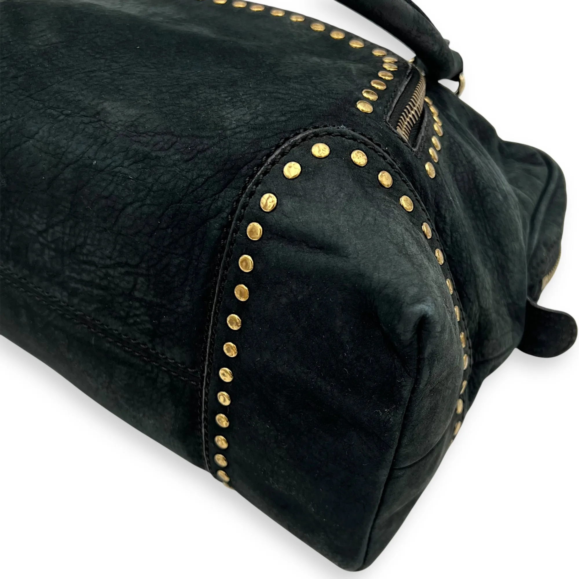 Studded Forever Bauletto Black Top Handle Bag in Suede Leather, Gold hardware