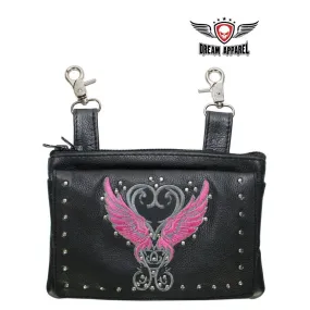 Studded Naked Cowhide Leather Belt Bag with Pink Wings