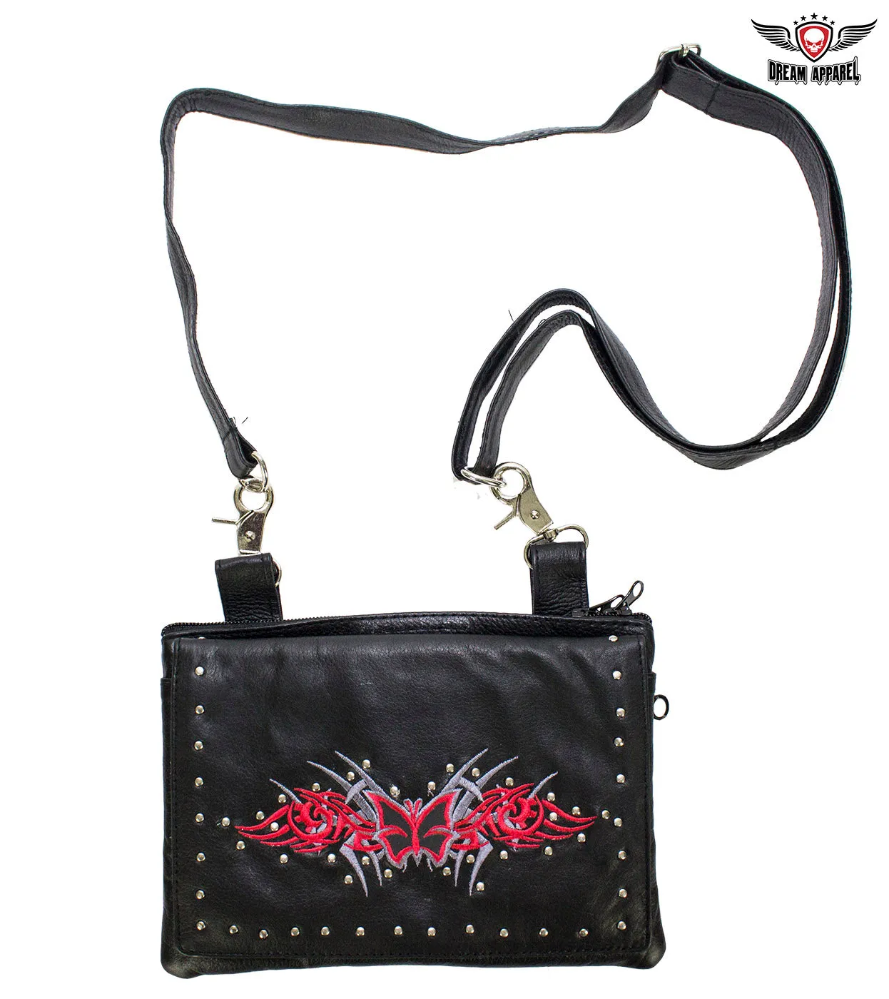 Studded Naked Cowhide Leather Gun Holster Belt Bag with Red & Silver Butterfly