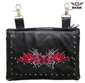 Studded Naked Cowhide Leather Gun Holster Belt Bag with Red & Silver Butterfly