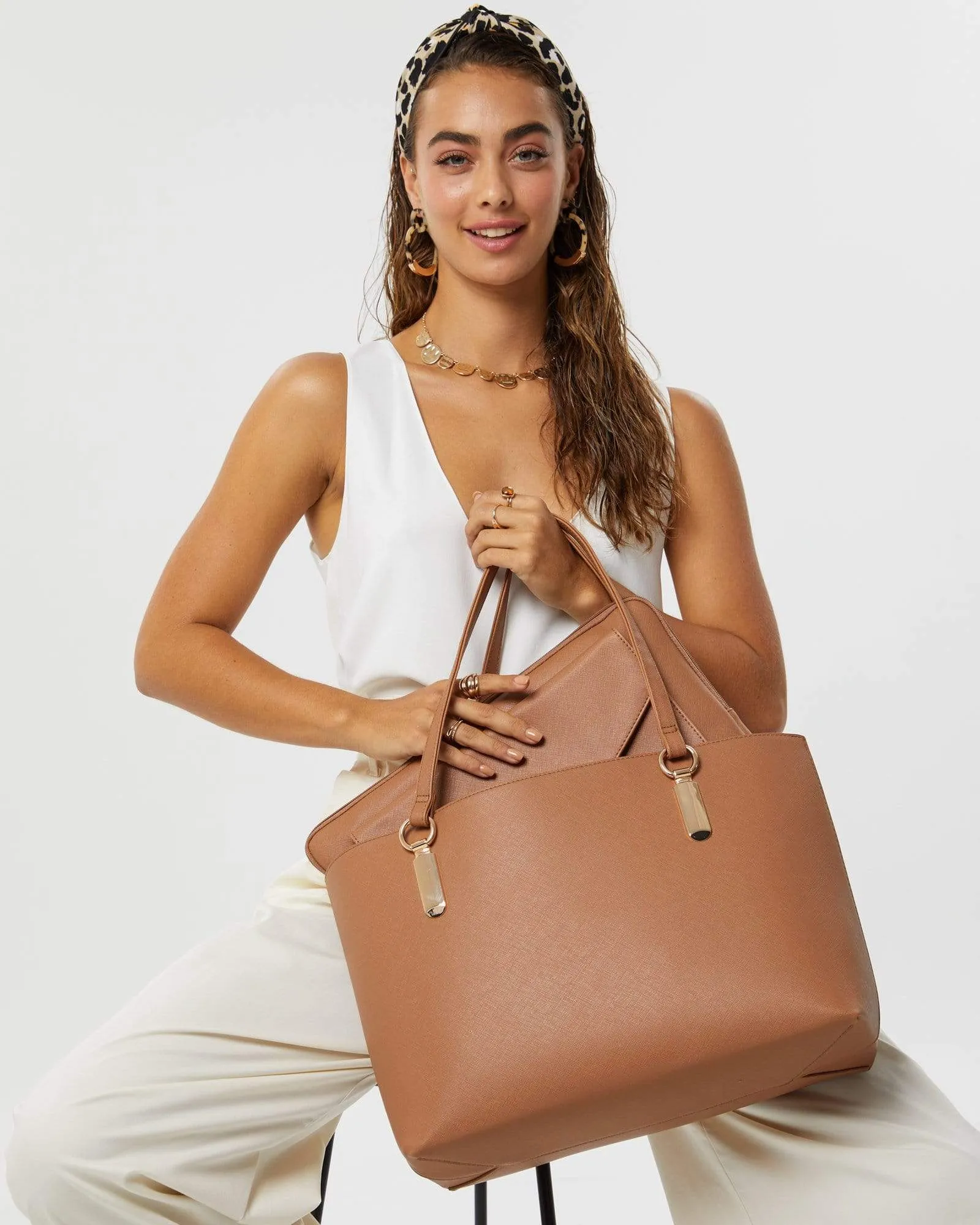 Tan Angelina Tote Bag With Gold Hardware