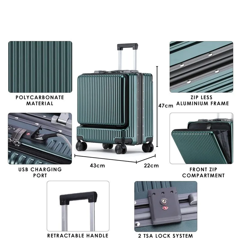 THE CLOWNFISH Jetsetter Series Carry-On Luggage - Polycarbonate, TSA Lock & USB Port | 44L | Dark Green