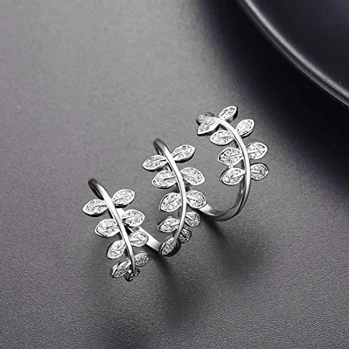 U7 Women Clear CZ Platinum Plated Leaf Shape Full Finger Long Ring, Statement Cocktail Ring, Bride Ring Adjustable