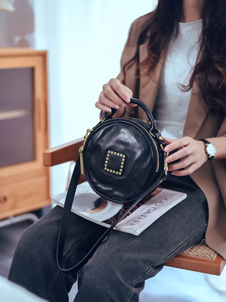 Western Studded Round Leather Handbag Black Round Purse