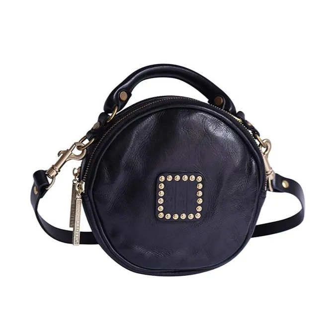 Western Studded Round Leather Handbag Black Round Purse